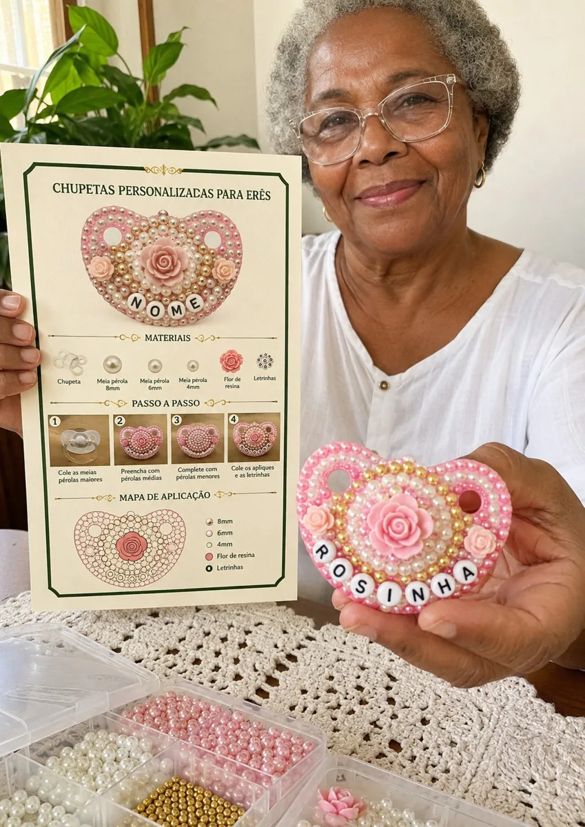Aluna com o gabarito impresso e a chupeta decorativa montada por ela — foto 2