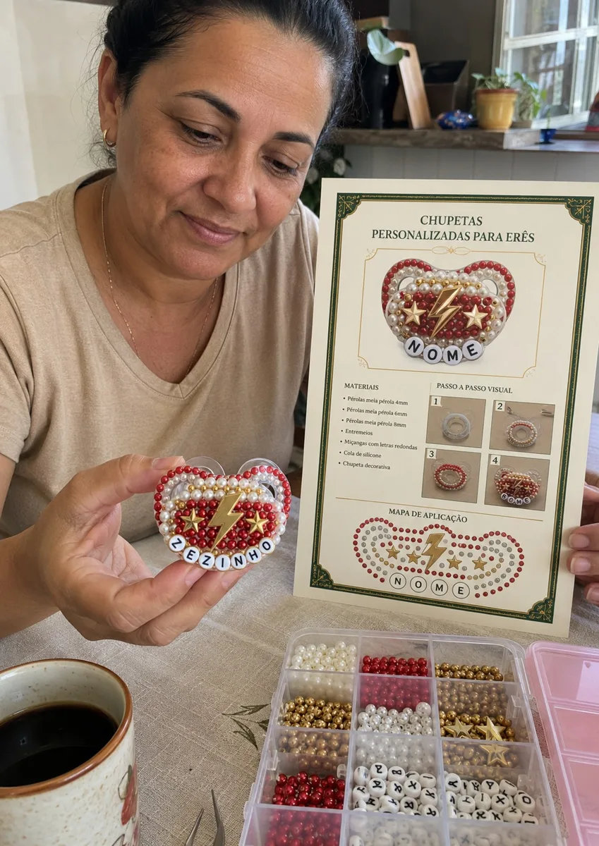 Aluna com o gabarito impresso e a chupeta decorativa montada por ela — foto 4